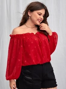 SHEIN VCAY Plus Heart Pattern Off Shoulder Lantern Sleeve Frill Trim Knot Front Blouse - Red - View 5