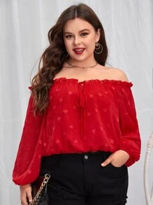 SHEIN VCAY Plus Heart Pattern Off Shoulder Lantern Sleeve Frill Trim Knot Front Blouse - Red - View 1