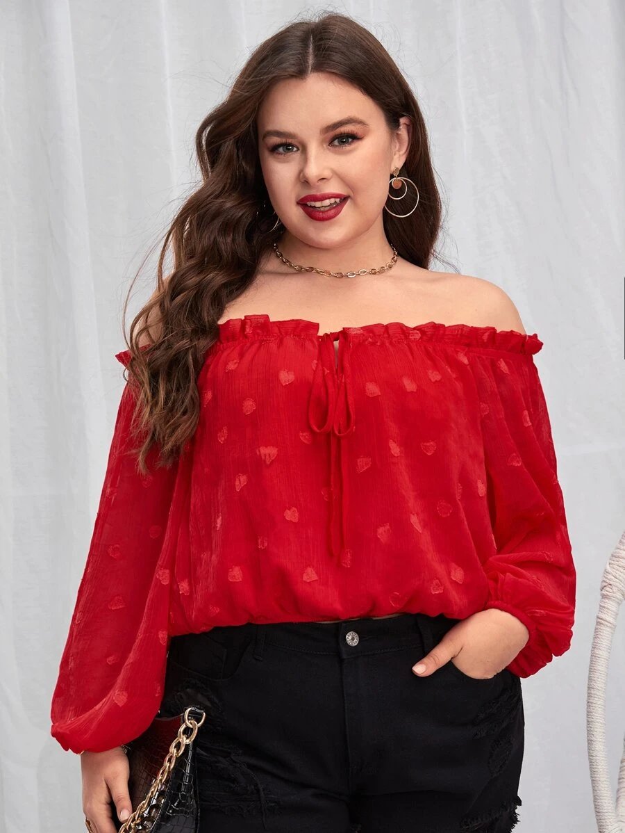 SHEIN VCAY Plus Heart Pattern Off Shoulder Lantern Sleeve Frill Trim Knot Front Blouse - Red - View 1