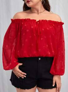 SHEIN VCAY Plus Heart Pattern Off Shoulder Lantern Sleeve Frill Trim Knot Front Blouse - Red - View 3