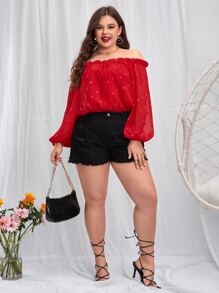 SHEIN VCAY Plus Heart Pattern Off Shoulder Lantern Sleeve Frill Trim Knot Front Blouse - Red - View 4
