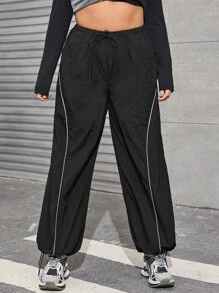 SHEIN ICON Plus Bikercore Gorpcore Drawstring Waist Contrast Piping Parachute Trousers - Black - View 1