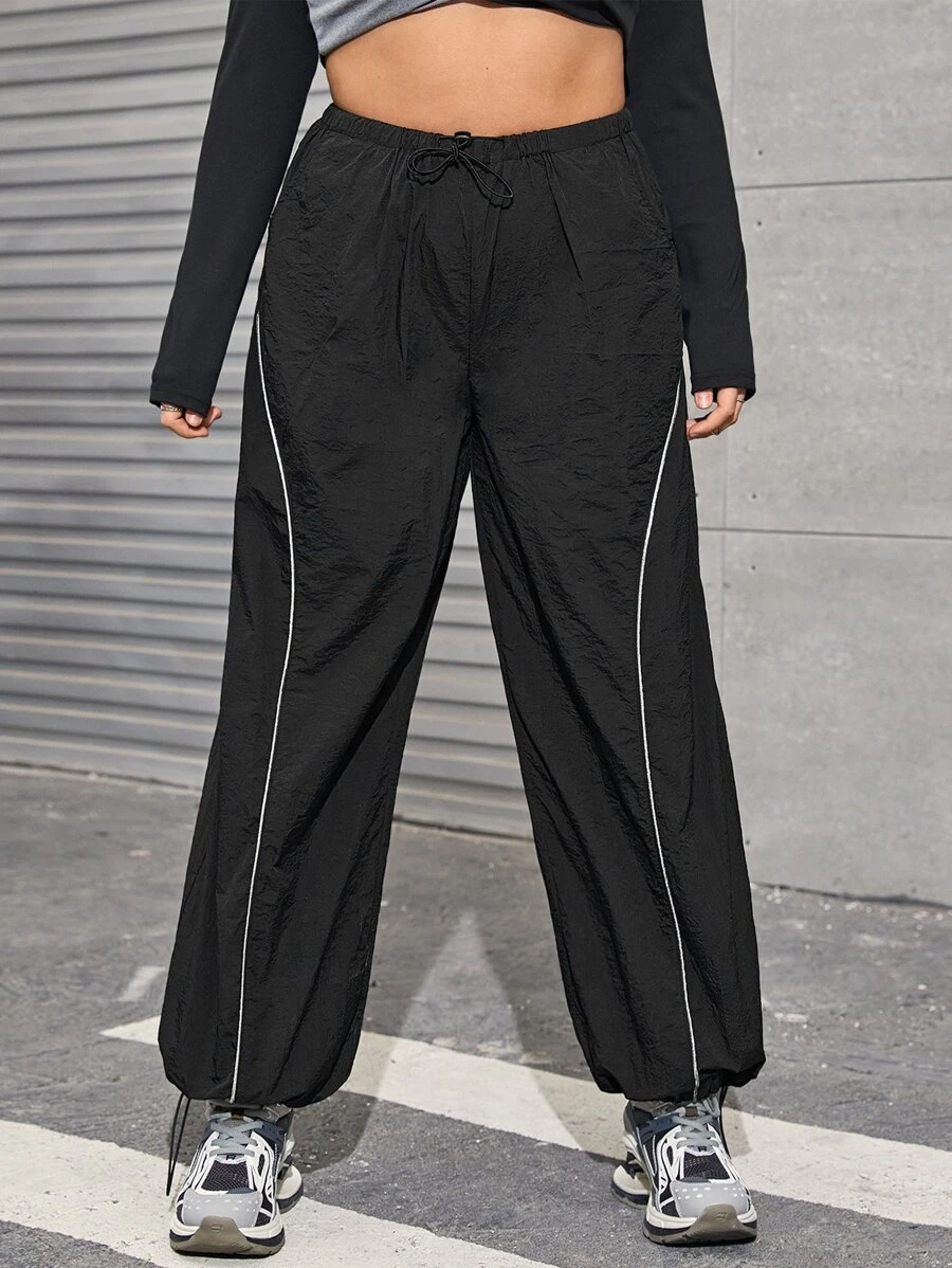 SHEIN ICON Plus Bikercore Gorpcore Drawstring Waist Contrast Piping Parachute Trousers - Black - View 1