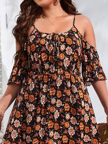 SHEIN VCAY 大碼印花挖肩荷葉邊洋裝 - 彩色 - 查看 5