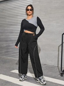SHEIN ICON Plus Bikercore Gorpcore Drawstring Waist Contrast Piping Parachute Trousers - Black - View 3