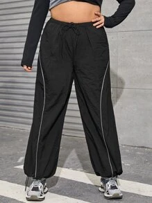 SHEIN ICON Plus Bikercore Gorpcore Drawstring Waist Contrast Piping Parachute Trousers - Black - View 4