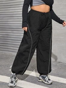 SHEIN ICON Plus Bikercore Gorpcore Drawstring Waist Contrast Piping Parachute Trousers - Black - View 6