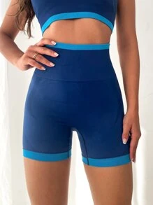 Easithlete 無縫對比邊緣運動短褲藍色短褲 - 藍色 - 查看 4