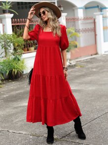 SHEIN LUNE Vestido unicolor de cuello cuadrado de manga farol bajo con fruncido - Rojo - Ver 1
