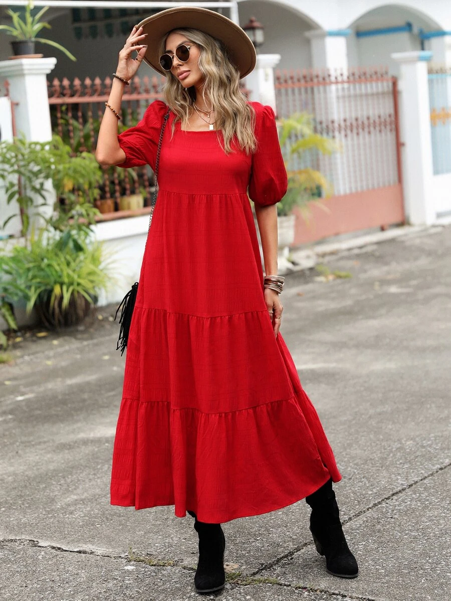 SHEIN LUNE Vestido unicolor de cuello cuadrado de manga farol bajo con fruncido - Rojo - Ver 1
