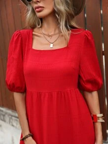 SHEIN LUNE Vestido unicolor de cuello cuadrado de manga farol bajo con fruncido - Rojo - Ver 3