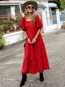 SHEIN LUNE Vestido unicolor de cuello cuadrado de manga farol bajo con fruncido - Rojo - Ver 5
