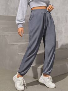 SHEIN PETITE Slant Pocket Jogger Joggers - Grey - View 5