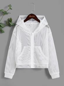 SHEIN Girls Zip Up Mesh Hooded Jacket - White - View 1