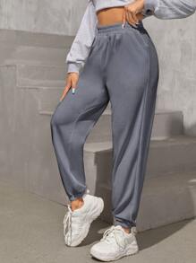 SHEIN PETITE Slant Pocket Jogger Joggers - Grey - View 3