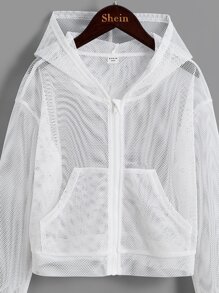 SHEIN Girls Zip Up Mesh Hooded Jacket - White - View 3