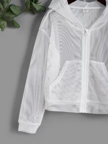 SHEIN Girls Zip Up Mesh Hooded Jacket - White - View 4