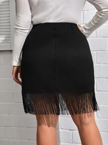 SHEIN Privé Plus Fringe Hem Solid Skirt - Black - View 2