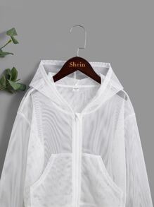 SHEIN Girls Zip Up Mesh Hooded Jacket - White - View 5