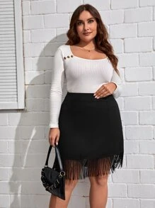 SHEIN Privé Plus Fringe Hem Solid Skirt - Black - View 4