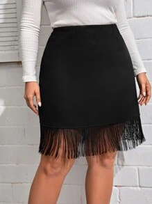 SHEIN Privé Plus Fringe Hem Solid Skirt - Black - View 5