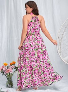 SHEIN VCAY Plus Allover Floral Print Split Thigh Halter Neck Dress - Multicolor - View 2