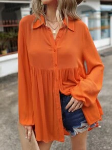 SHEIN LUNE 素色前紐扣娃娃襯衫 - 橘色 - 查看 3