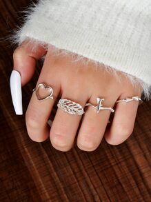 4 piezas Anillo con corazón & con diseño de hoja - Plateado - Ver 1