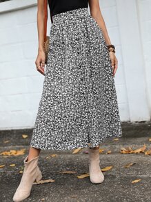 SHEIN Clasi 碎花彈性腰帶半身裙 - 黑與白 - 查看 3