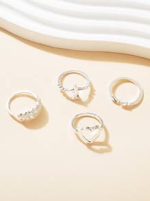 4 piezas Anillo con corazón & con diseño de hoja - Plateado - Ver 2