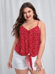 SHEIN VCAY 大碼紙屑愛心圖案下擺打結吊帶上衣 - 紅白色 - 查看 4