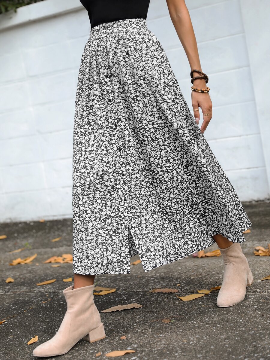 SHEIN Clasi 碎花彈性腰帶半身裙 - 黑與白 - 查看 1