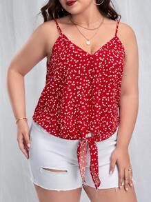 SHEIN VCAY 大碼紙屑愛心圖案下擺打結吊帶上衣 - 紅白色 - 查看 1