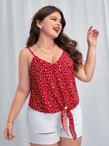 SHEIN VCAY 大碼紙屑愛心圖案下擺打結吊帶上衣 - 紅白色 - 查看 5