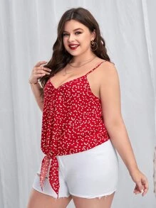 SHEIN VCAY 大碼紙屑愛心圖案下擺打結吊帶上衣 - 紅白色 - 查看 6