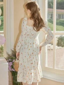 印花方領荷葉邊連衣裙