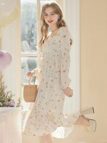 印花方領荷葉邊連衣裙