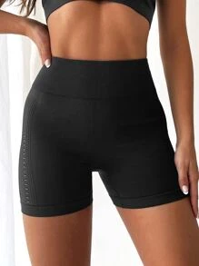 Hollow Out Tummy Control Sports Shorts - Black - View 3