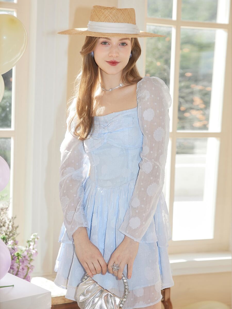 Jacquard Square Neck Dress - Baby Blue - View 1