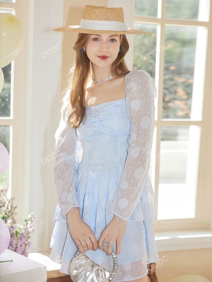 パーティードレス Sheina Jacquard Square Neck Dress SHEIN MOD Floral Jacquard Square Neck Puff Sleeve Dress