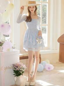 Jacquard Square Neck Dress - Baby Blue - View 3