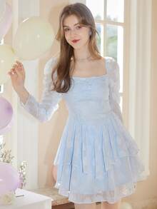 Jacquard Square Neck Dress - Baby Blue - View 4