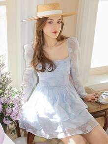 Jacquard Square Neck Dress - Baby Blue - View 5