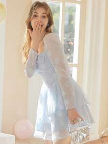 Jacquard Square Neck Dress - Baby Blue - View 8