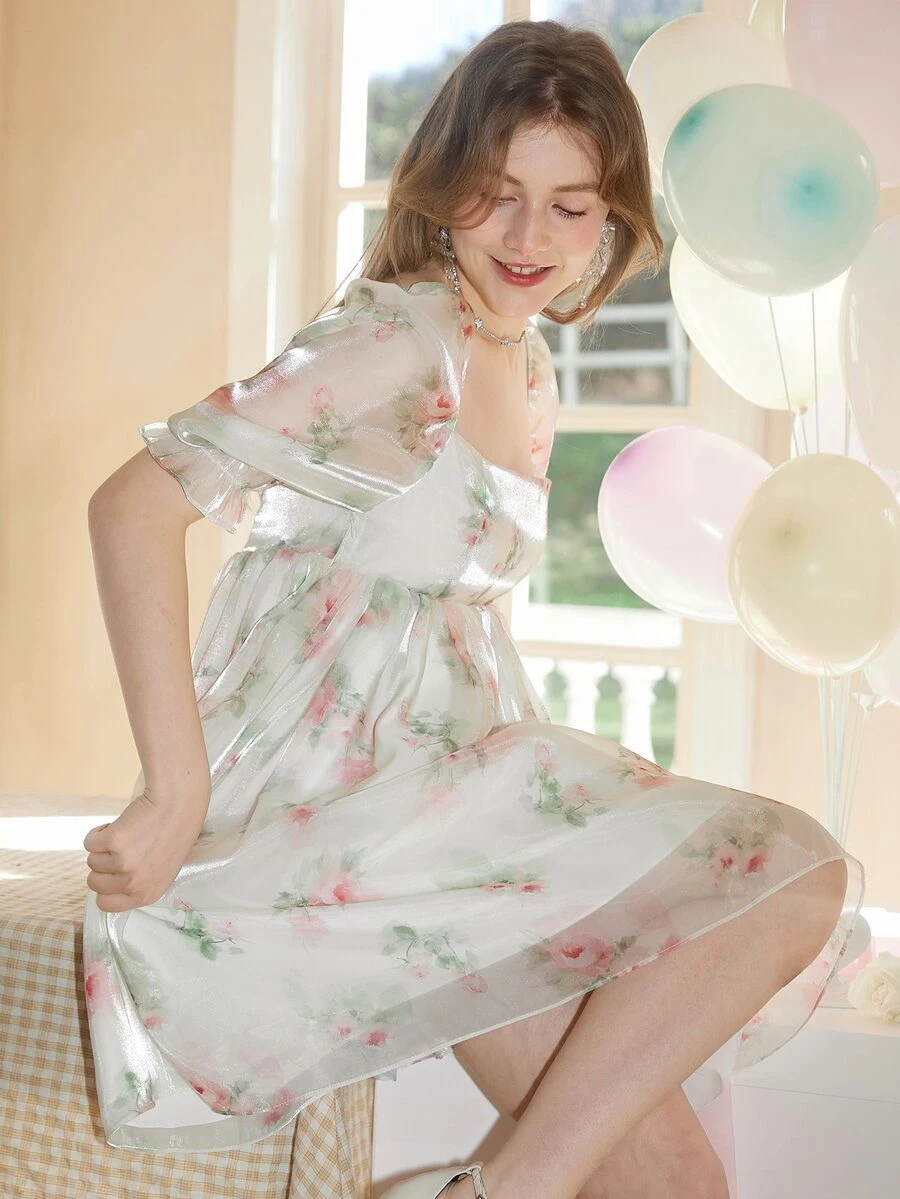 Floral Print Square Neck Puff Sleeve Organza Dress - White - View 1