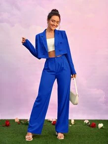 SHEIN Privé Solid Fold Pleated Suit Pants - Royal Blue - View 5