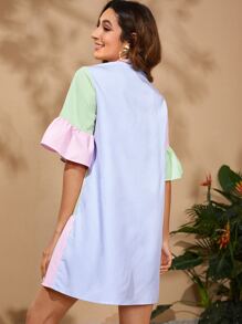 SHEIN VCAY Striped Colourblock Flounce Sleeve Shirt Dress - Multicolor - View 2