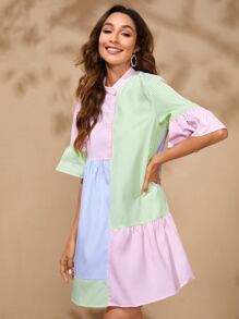 SHEIN VCAY Striped Colourblock Flounce Sleeve Shirt Dress - Multicolor - View 4