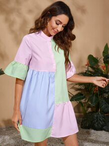 SHEIN VCAY Striped Colourblock Flounce Sleeve Shirt Dress - Multicolor - View 5