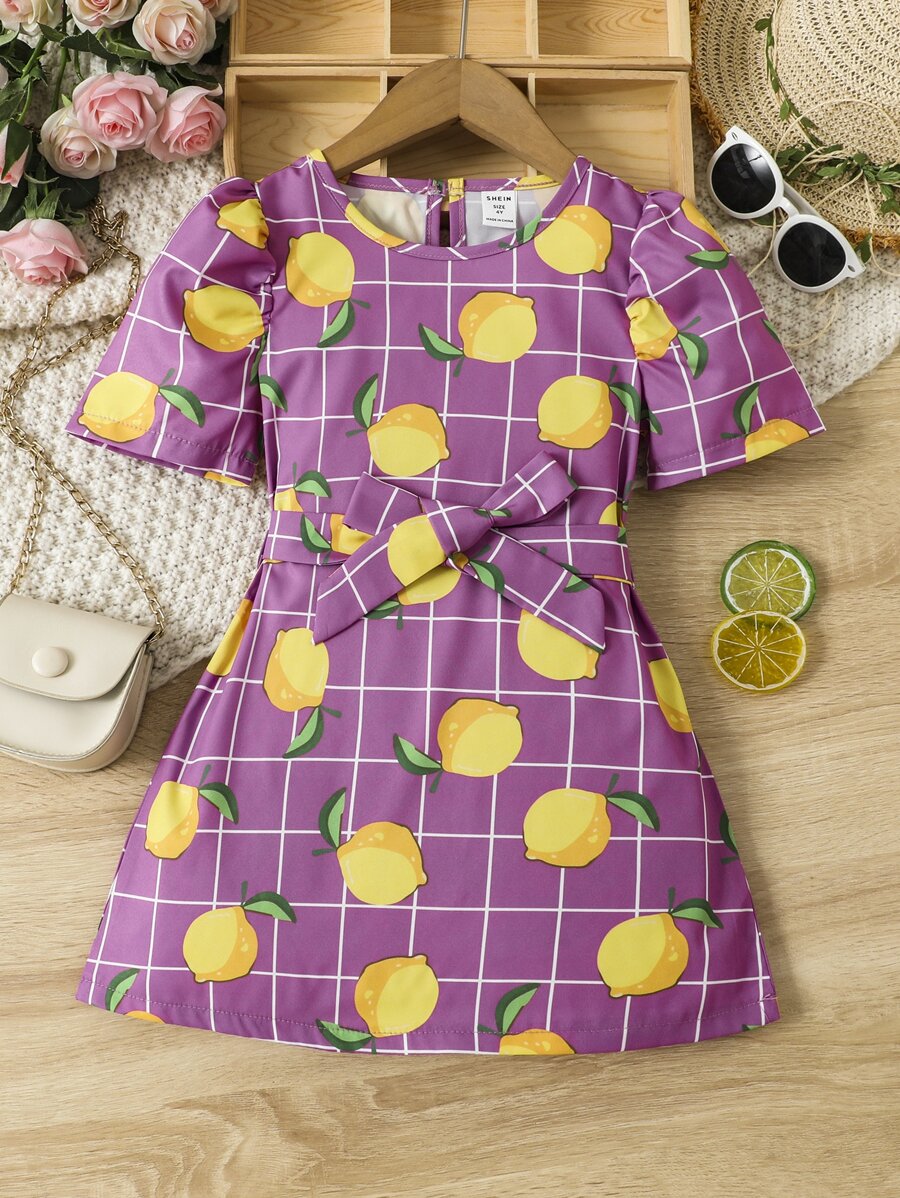 小女童格紋和檸檬圖案泡泡袖洋裝